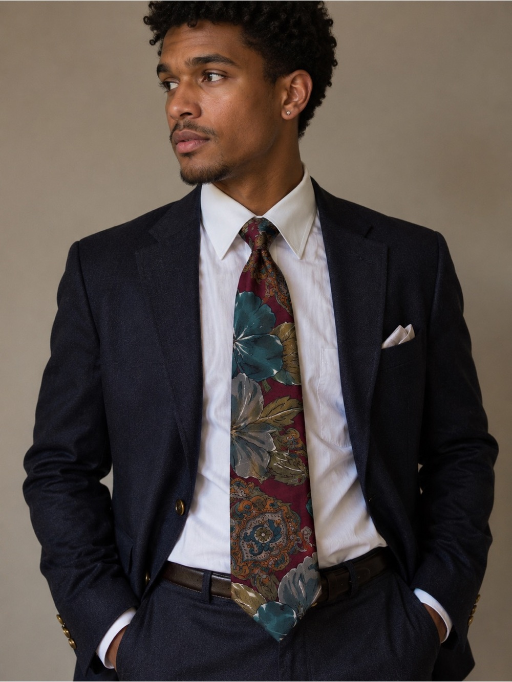 Vintage Villa Bugatti Silk Tie Burgundy Teal Floral Paisley Wide Necktie